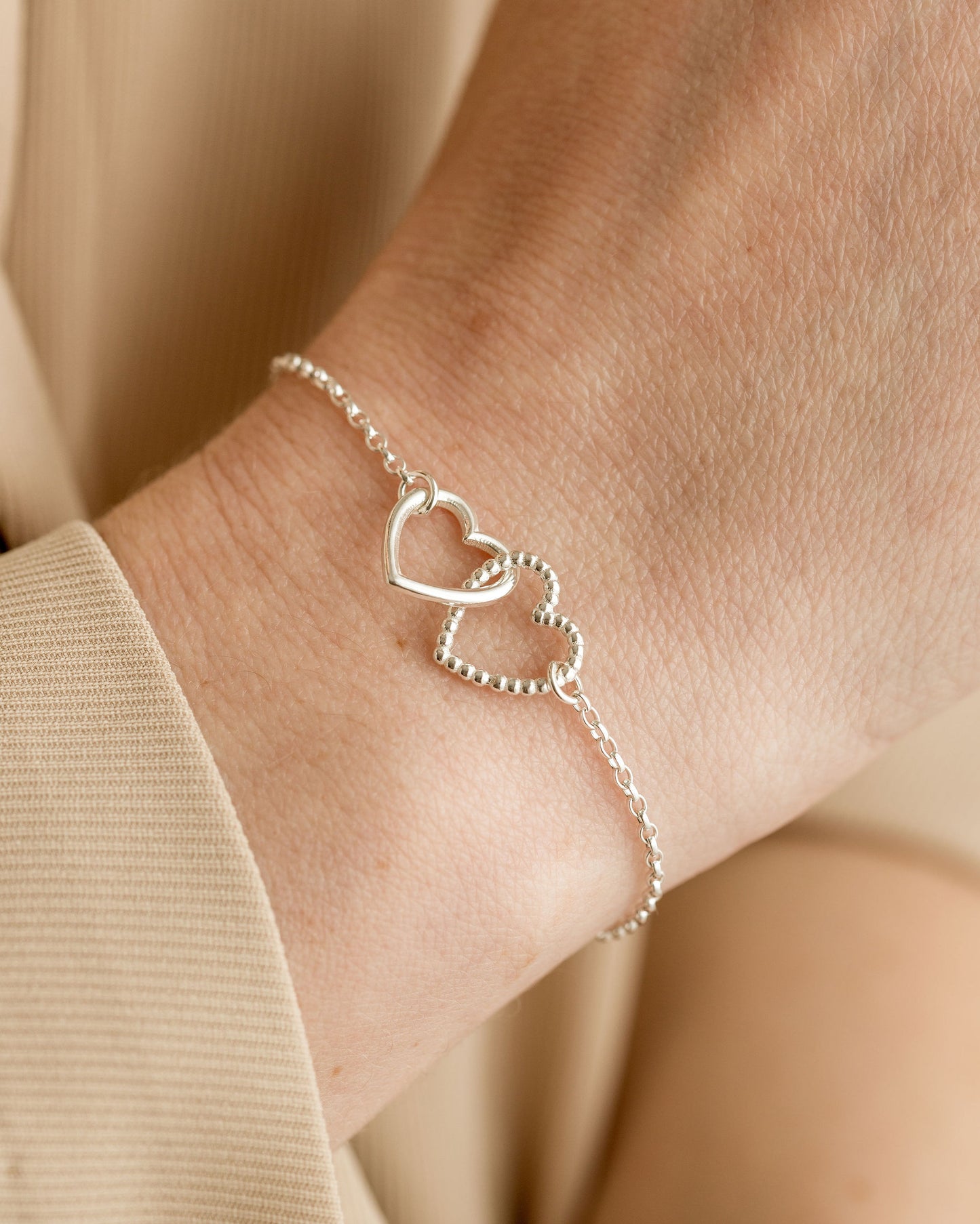 Interlinking Two 'Cariad' Hearts Bracelet - Silver