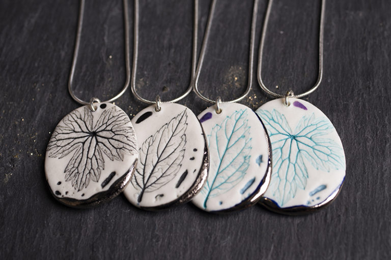 Leaf Print Necklace with Platinum Detailing