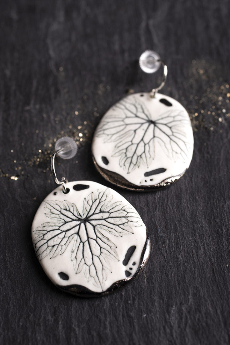 Leaf Print Earrings with Platinum Detailing