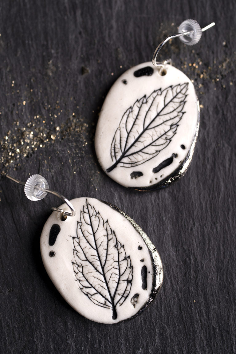 Leaf Print Earrings with Platinum Detailing