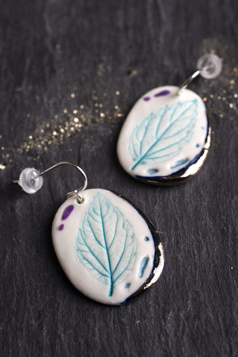 Leaf Print Earrings with Platinum Detailing