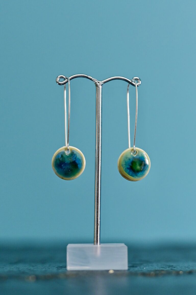 Ocean Glaze Disc Earrings on Silver Wire Hoop