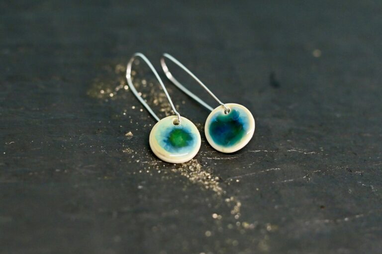 Ocean Glaze Disc Earrings on Silver Wire Hoop