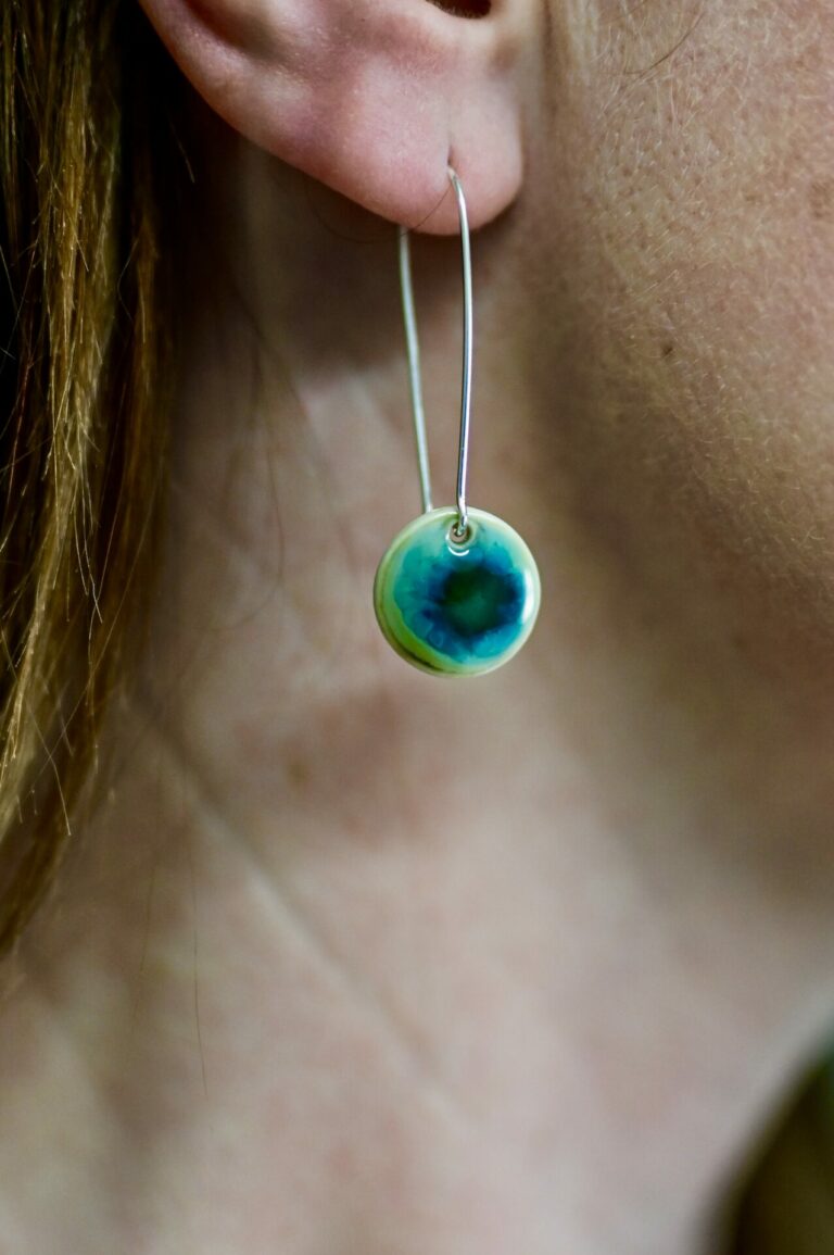 Ocean Glaze Disc Earrings on Silver Wire Hoop